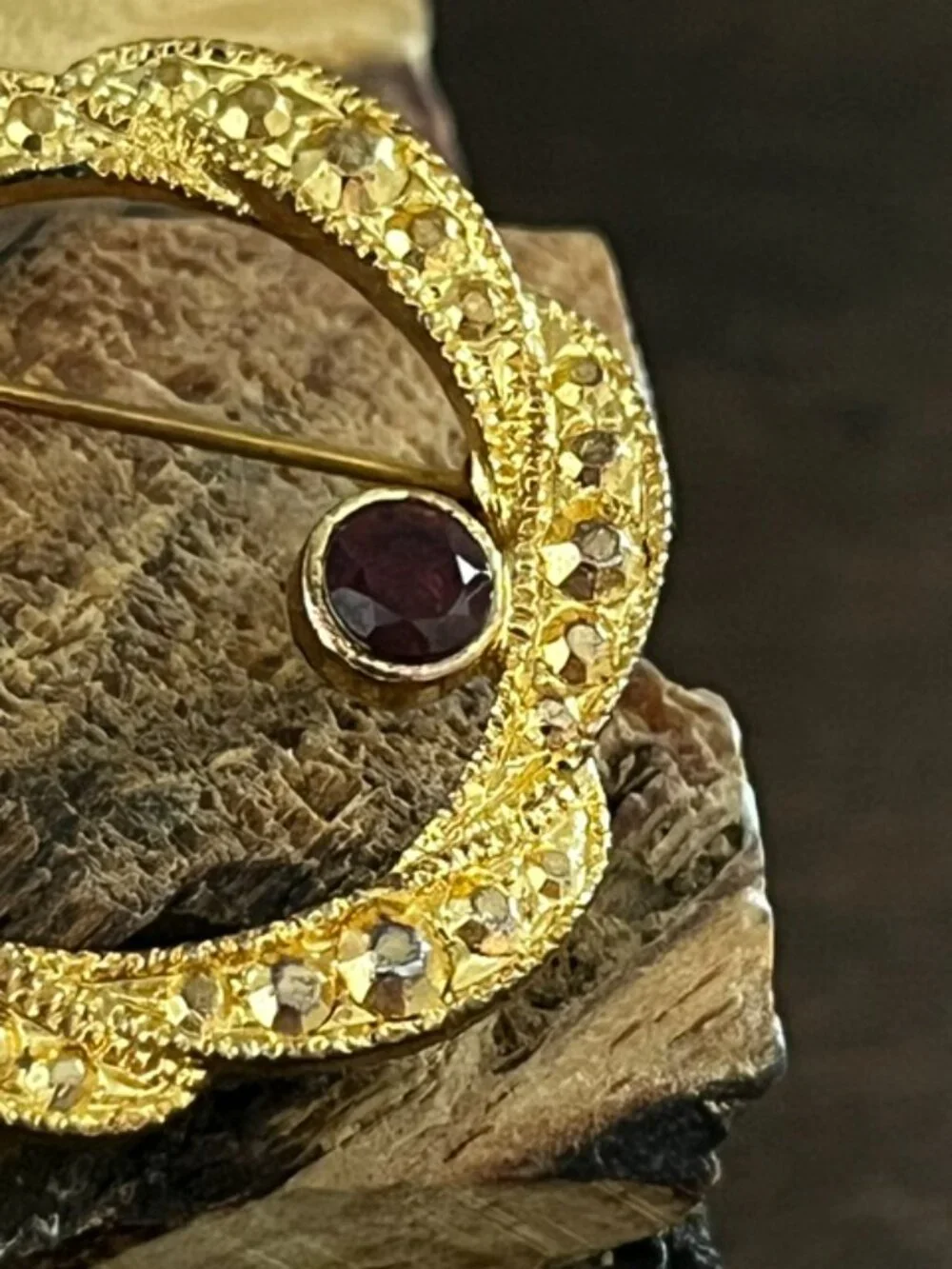 Vintage Brooch Pin Gold Tone Dark Red Faceted Stone Accent